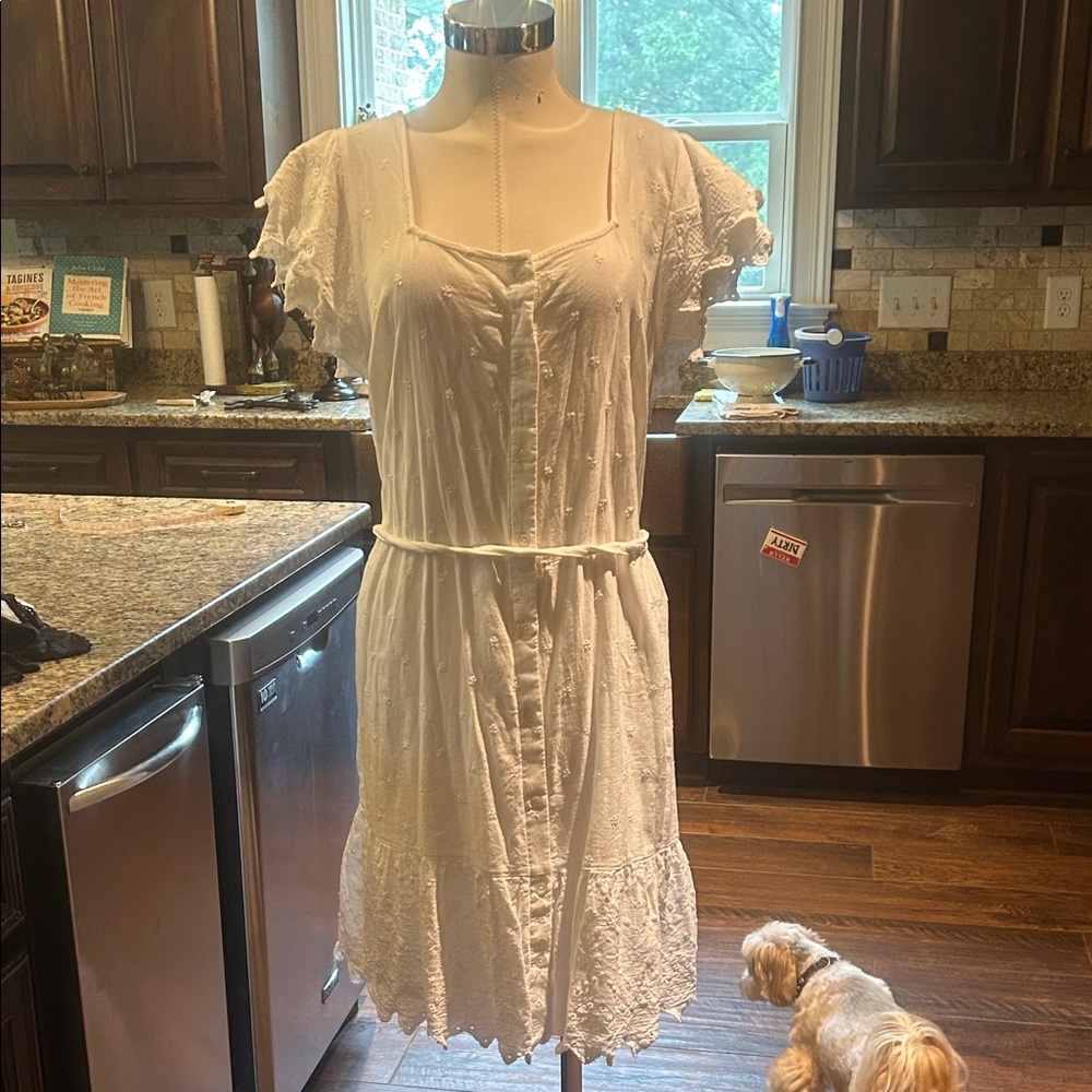 Vintage (?) Cotton White Gunne Style Belted Eyelet Dress Sz XL GVC